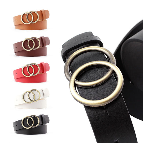 2019 New Vintage Double Round Buckle Belt 2019 Fashion Leather Waist Belt  for Women Female Harajuku Black Red Solid Color Belt