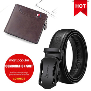 NO.ONEPAUL Brand Fashion Automatic Buckle Black Genuine Leather Belt Men's Belts Cow Leather Belts for Men 3.5cm Width WQE789