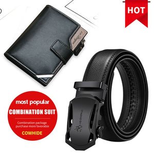 NO.ONEPAUL Brand Fashion Automatic Buckle Black Genuine Leather Belt Men's Belts Cow Leather Belts for Men 3.5cm Width WQE789